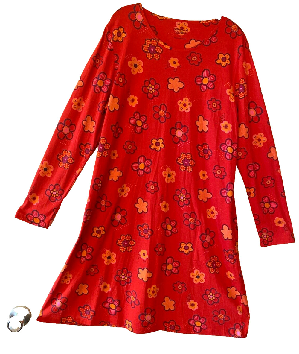 GUDRUN SJODEN Red Orange Floral Long Slv Tunic Dress w Pockets Organic Cotton L